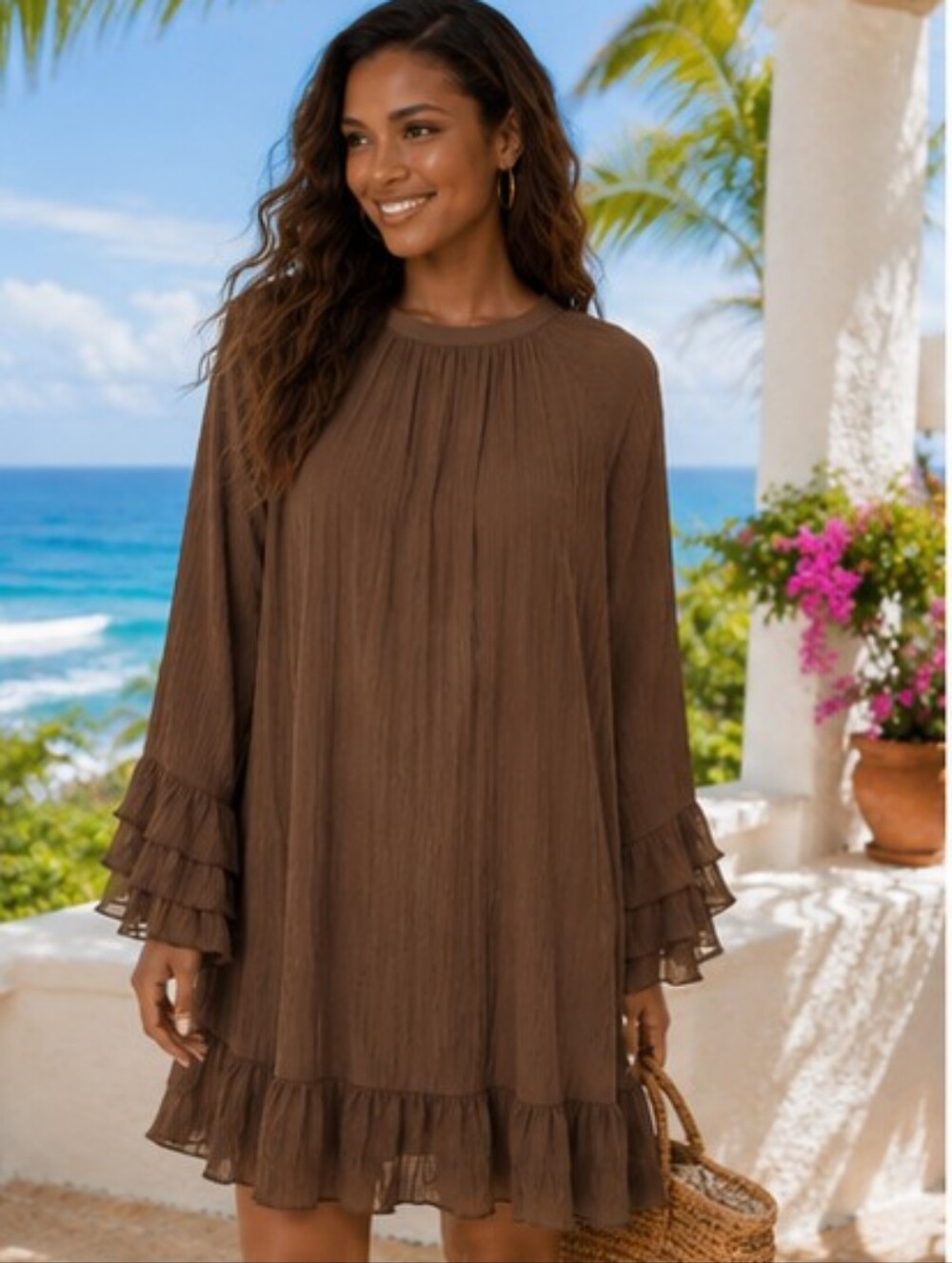 TIME AND TRU Women’s Brown Bell Sleeves Ruffle Hem Dress SIZE Medium NWT - Picture 2 of 8